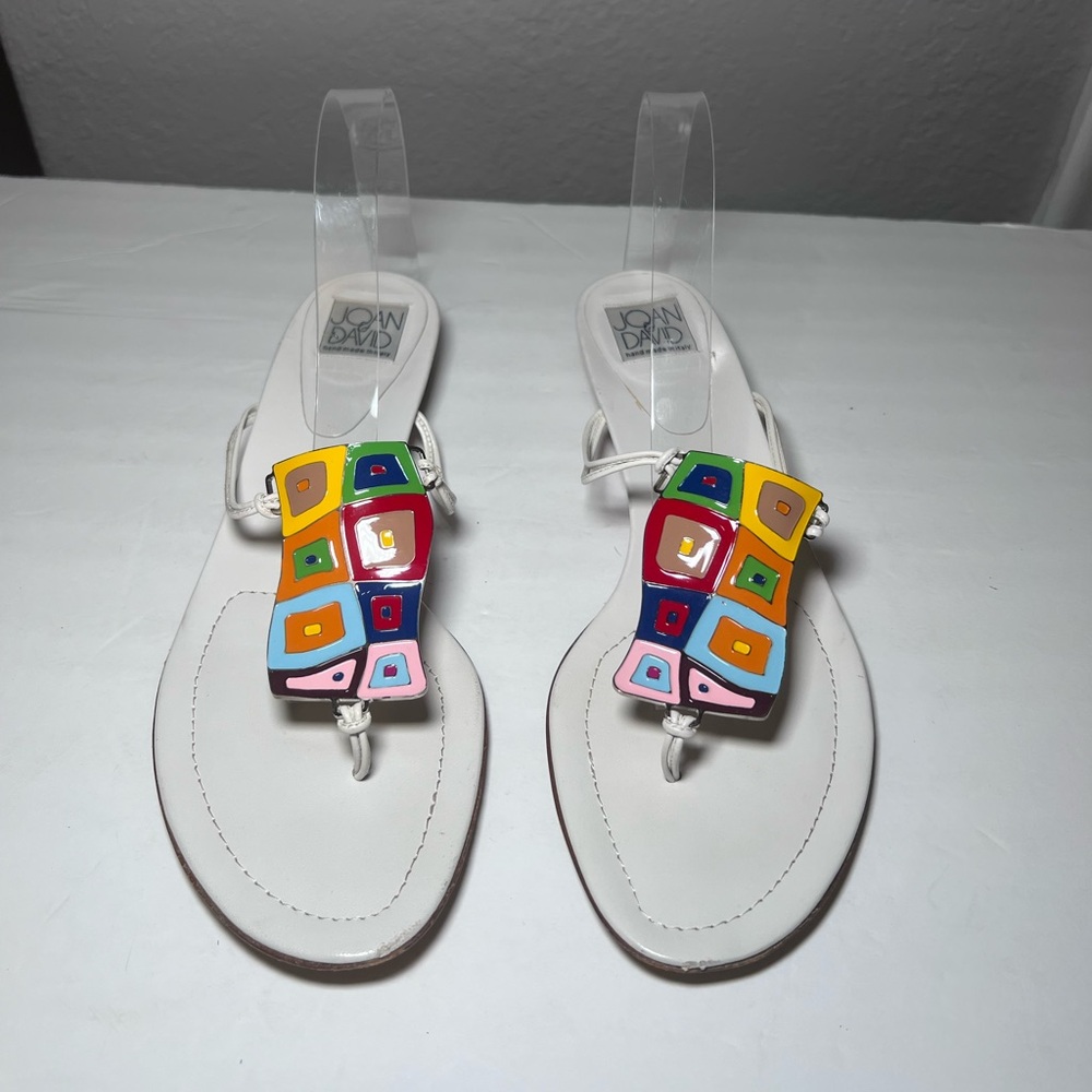 Joan & David Multicolor Geometric Mosaic Embellished White Thong Sandals - Picture 2 of 11